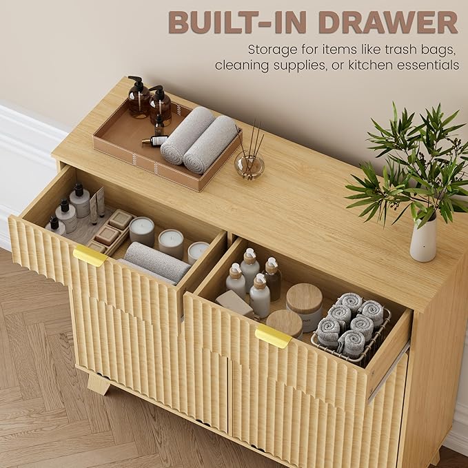 Double Tilt Out Laundry Hamper Cabinet, 20 Gallon Wooden Trash Can Cabinet with Drawers, Hidden Fluted Bathroom Storage Cabinet for Kitchen, Living Room (Natural Wood, 39.34"W x 35.83"H x 13"D)