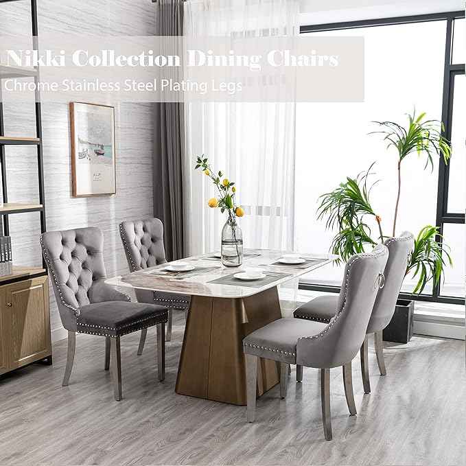 Dining Room Chairs Set of 4, Velvet Upholstered Dining Chairs with Back Ring Pull Trim and Sliver Stainless Steel Legs,Modern Dining Chair Perfect for Dining Room,Kitchen(Grey)