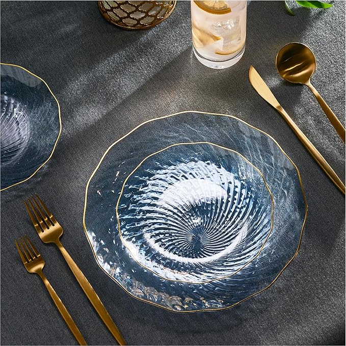 PLASTICPRO 60 Pack Plastic Plates Set of 30-10 inch Plates and 30-7 inch Plate, Elegant Clear Blue Spiral and Gold Rim Disposable Fancy Plate Premium Heavyweight