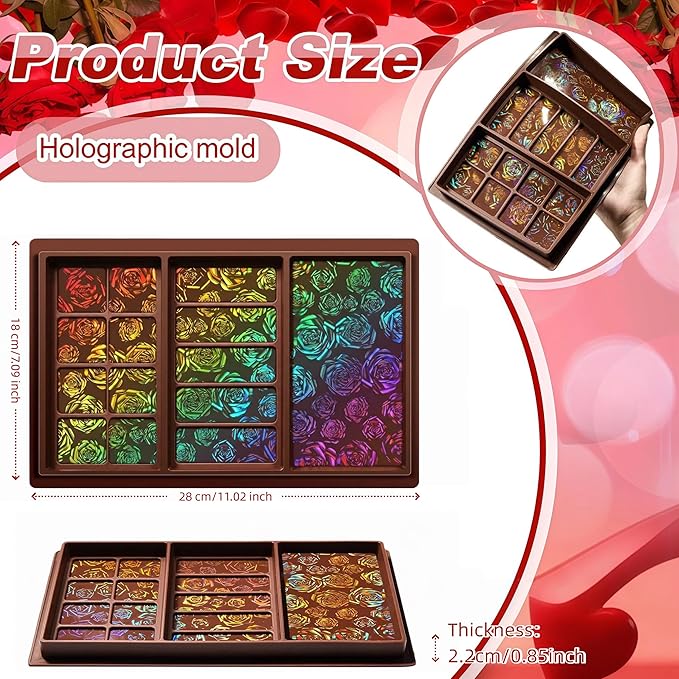 Ziliny Rose Holographic Chocolate Bar Mold Silicone, Rainbow Light Effect Chocolate Bar Deep Thick Molds for DIY Candy Dessert Baking, Candy, Wax Melts, Cake Decoration (Large and Thick)