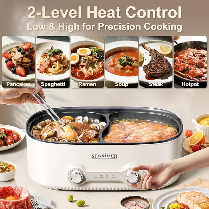 Stariver 7L Electric Hot Pot with Divider, 2-Temp Control (Separate Settings per Side) Shabu Shabu Pot, Non-Stick Hotpot Pot Electric, Perfect for Family Dinners & Parties