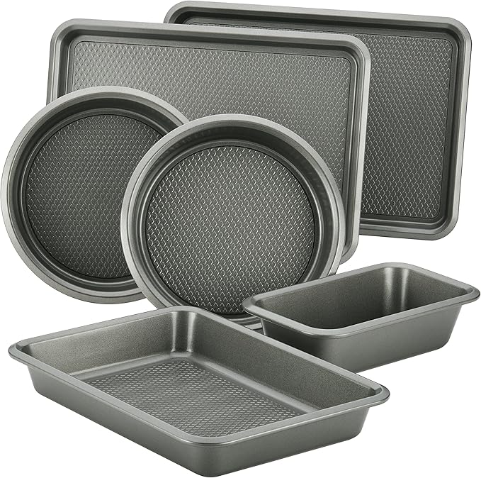 Ayesha Curry Nonstick Bakeware Set with Nonstick Bread Pan, Cookie Sheet, Baking Pan, Baking Sheet and Cake Pans - 6 Piece, SIlver