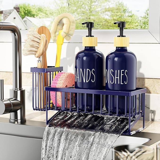 Cisily Navy Blue Kitchen Dish Soap Dispenser, 16 fl Oz Dual Kitchen Soap Dispensers with Sponge Holder, Customized Stainless Steel Kitchen Soap Dispenser Set, Modern Hand and Dish Soap Bottle Set