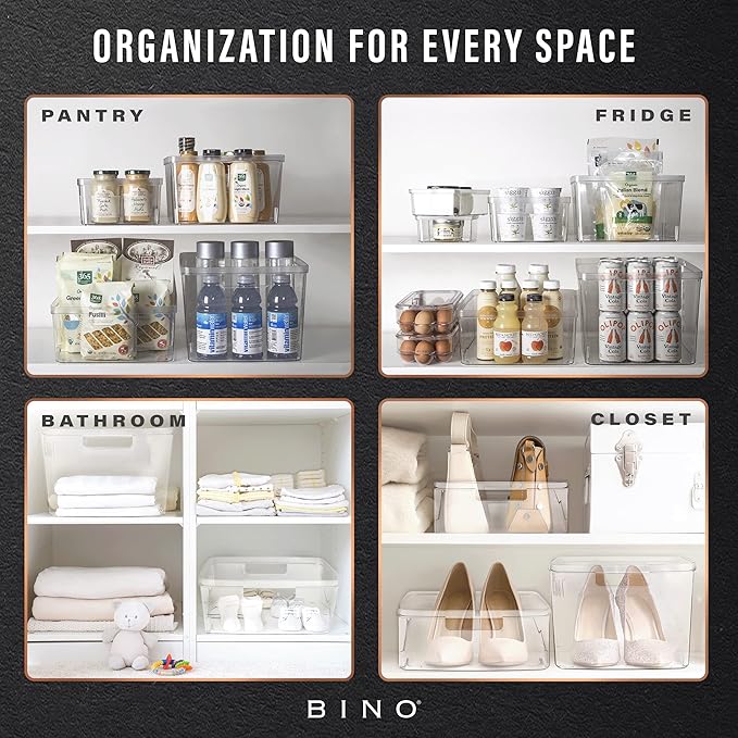 BINO Plastic Storage Containers, Small - 4 Pack THE LUCID COLLECTION, Multi-Use Organizer Bins Built-In Handles BPA-Free Clear, Fridge, Pantry & Home Organization