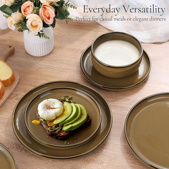 E-far Stoneware Dinnerware Sets for 8, 24 Pieces Reactive Glaze Plates and Bowls Sets, Elegant Dishes with Rustic Terracotta Clay Base, Dishwasher & Microwave Safe, Scratch Resistant, Desert Camel