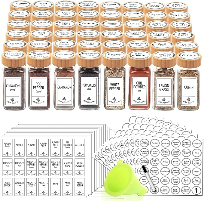 SWOMMOLY 48 Glass Spice Jars with 806 White Spice Labels, Square Spice Bottles 4 oz Empty Spice Containers with Bamboo Lids, Chalk Marker and Funnel Complete Set.