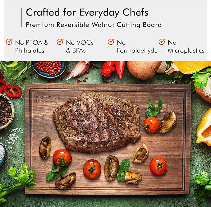 Spartali & Company Premium Reversible Black Walnut Cutting Board with Juice Groove – 18" x 12” Hardwood Butcher Block for Meat, Cheese & Veggies – No Microplastics, BPA-Free, Gift-Ready Box