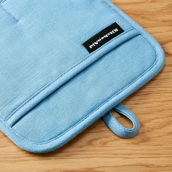 KITCHENAID Gourmet Series Gridlines Pot Holders 2-Pack Set, Heat Resistant up to 600°F, Soft Silicone Grip, Magnetic Cuff, Blue Velvet, 8"x8"