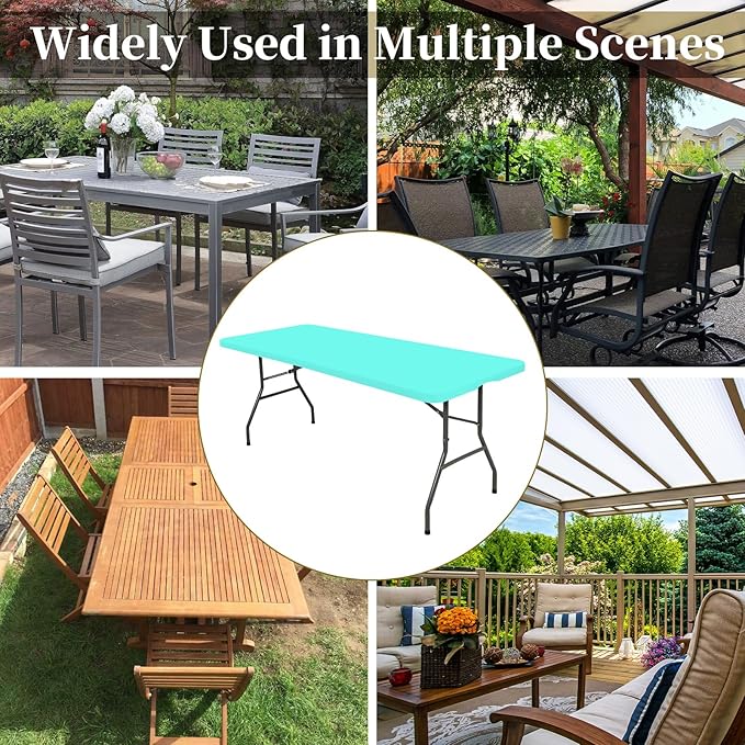 6 Pack Fitted Tablecloth for 8 Foot Rectangle Tables, Aqua Blue Elastic Outdoor Picnic Table Cover, Washable Stretch Folding Table Cloths 8 ft for Camping Party Patio Kitchen Banquet, 30" W x 96" L