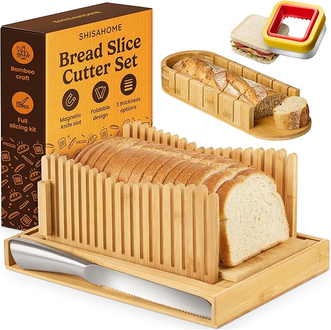 Bread Slicer Guide for Homemade Bread 3-In-1 Set: Sourdough Rounds Slicer, Baguette Cutter & Sandwich Sealer | Bread Loaf Slicing, Adjustable Bamboo Bread Cutter With Knife & Magnetic Slot