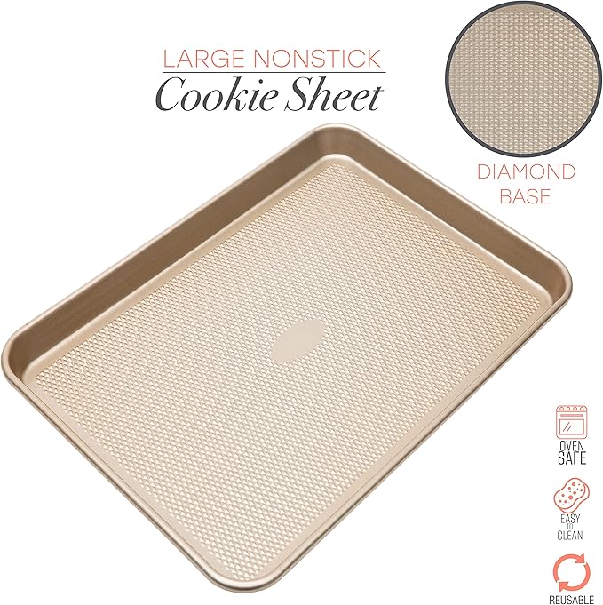 Kitchen Details Pro Series Large Baking Sheet | Dimensions: 17.5" x 11.8" x 1" | Nonstick | Gold | Nonstick |Diamond Base | Easy to Clean | Safe up 500 Degrees