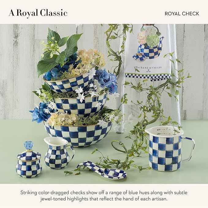 MACKENZIE-CHILDS Enamel Creamer and Sugar-Bowl Set, Cream Dispenser and Sugar Holder, Unique Kitchen Decor, Blue-and-White Royal Check
