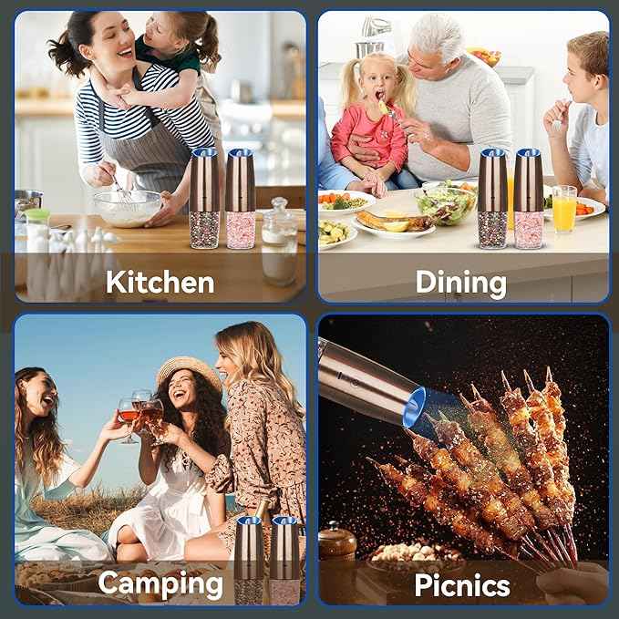 Rechargeable Electric Salt and Pepper Grinder set of 2, gravity electric salt and pepper grinder set, Adjustable Roughness, LED Light, 2 Pack, (Copper)