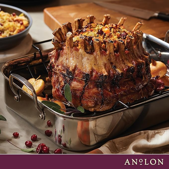 Anolon Triply Clad Stainless Steel Roaster / Roasting Pan with Rack - 17 Inch x 12.5 Inch, Silver