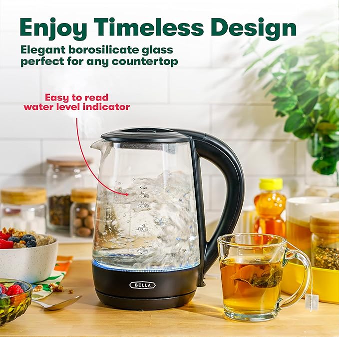 bella 1.7 Liter Glass Electric Kettle, Quickly Boil 7 Cups of Water in 6-7 Minutes, Soft Blue LED Lights Illuminate While Boiling, Cordless Portable Water Heater, Carefree Auto Shut-Off, Black