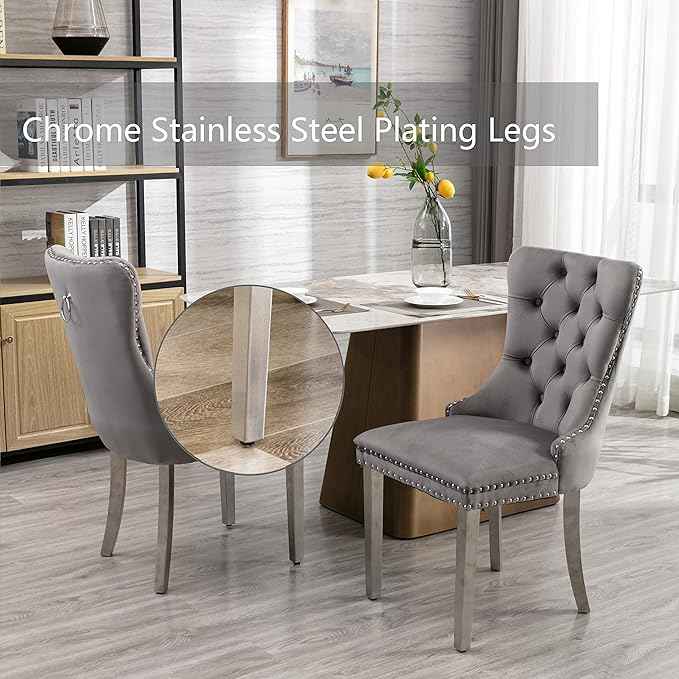 Velvet Dining Chairs Set of 2, Upholstered Dining Room Chairs with Back Ring Pull Trim and Sliver Stainless Steel Legs,Tufted Wingback Chair Perfect for Dining Room,Kitchen(Grey)