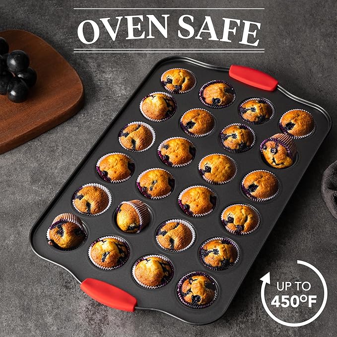 Tiawudi Mini Muffin Pan, 24 Cavity Cupcake Pan, Nonstick Baking Pan, Heavy Duty Small Muffin Tin with Silicone Grip Handles