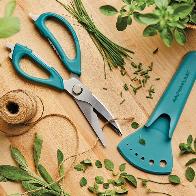 Rachael Ray Professional Multi Shear Kitchen Scissors with Herb Stripper and Sheath, 2 Piece, Agave Blue