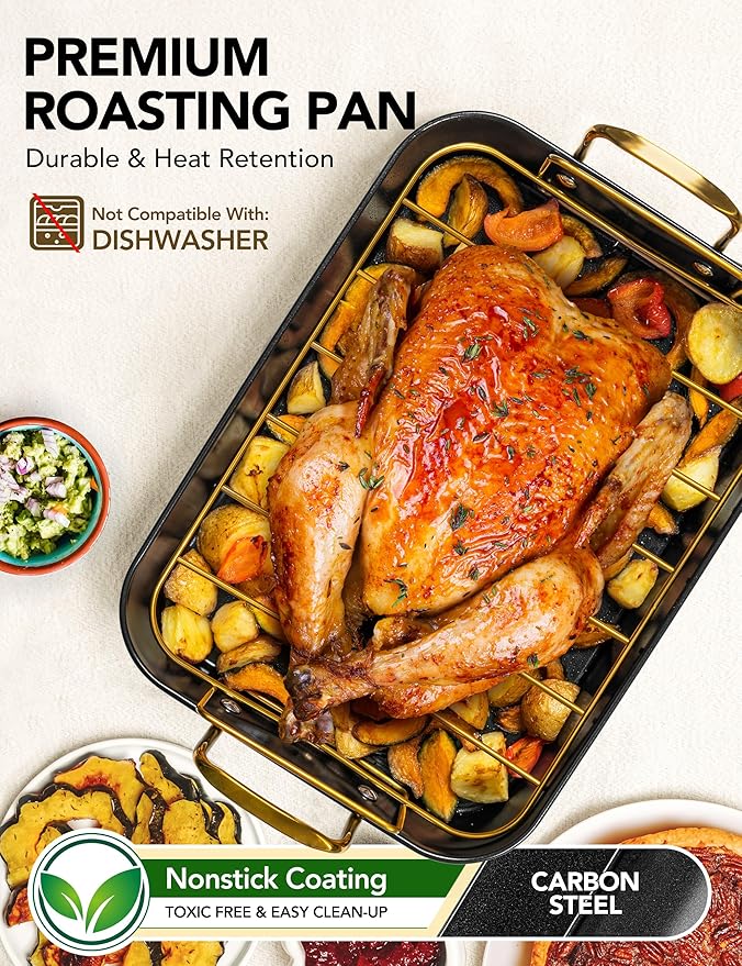 MICHELANGELO Roasting Pan with Rack, Carbon Steel Turkey Roasting Pan for Oven and Induction, Nonstick Turkey Roaster Pan with Stainless Steel Golden Rack & Golden Handle, 15 Inch x 11 Inch