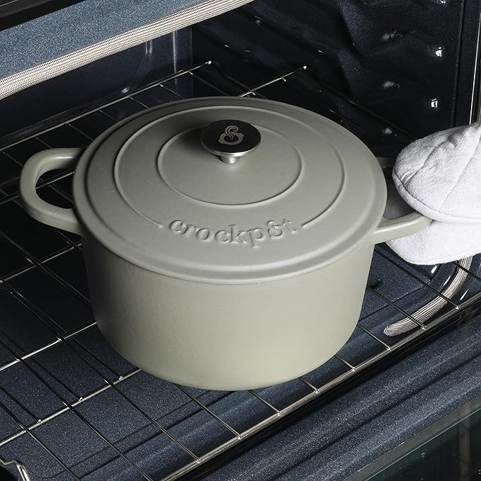 Crock-Pot Artisan 7-Quart Round European Enameled Cast Iron Dutch Oven with Lid – Matte Green, Durable Oven Safe Cookware