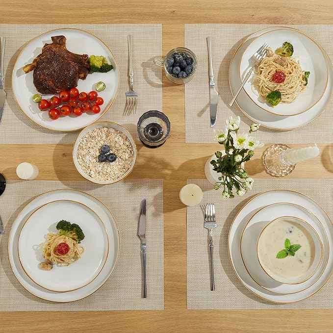 Dinnerware Set for 4, Ceramic Dish Set, Plate and Bowl Set, Microwave & Dishwasher Safe Dishware Set, Chip & Scratch Resistant Dinner Sets, Irregular Edge Design, White