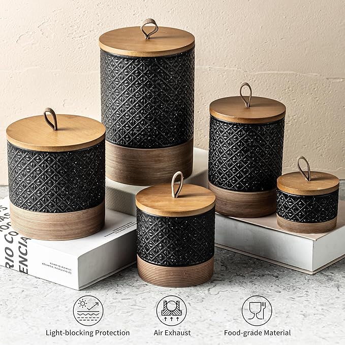 Miamolo Ceramic Jars with Lid, Small Coffee Canister with Lid, Kitchen Food Storage Jars for Sugar Loose Leaf Tea Candy, Decorative Jar for Countertop, Pantry, Coffee Bar Accessories Black & 20 fl.oz