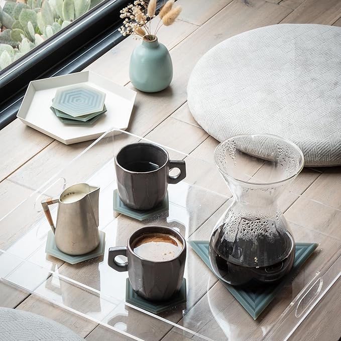 LINE+ARC Extra Thick Silicone Coasters (As Seen in NYTimes WireCutter) Waterproof Anti-Stain Heat-Safe Dishwasher-Safe Degrē Coasters (Set of 6, Sandstone) Outdoor Rubber Mid-Century Modern