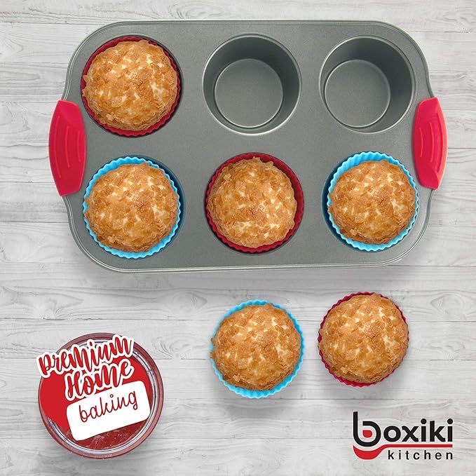 Boxiki Kitchen Duo: Non-Stick Steel Jumbo 6 Cup Muffin Pan with Silicone Handles & Reusable Liners and Durable Silicone Pound Cake Pan with Heavy Grade Steel Frame - Master Your Baking Game!
