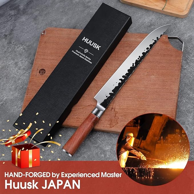 Huusk Japanese Brisket Slicing Knife - 10" Hand Forged Butcher Breaking Knife - Ultra Sharp Carving Knives for Meat BBQ Rib Roast - Grilling Gifts Idea for Men Smoker