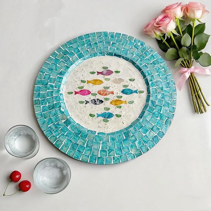 13 Inch Mother of Pearl Shell Placemat Plate – Large Round Decorative Heat for Table or Kitchen,Cabinet, Tabletop (Blue Colored Fish, 13 Inch)