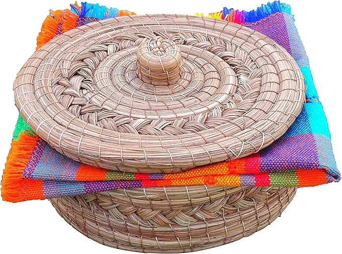 Authentic Mexican Tortilla Warmer Basket - Pine Needle Handwoven with Handloomed Cloth (Natural 8" w cloth)