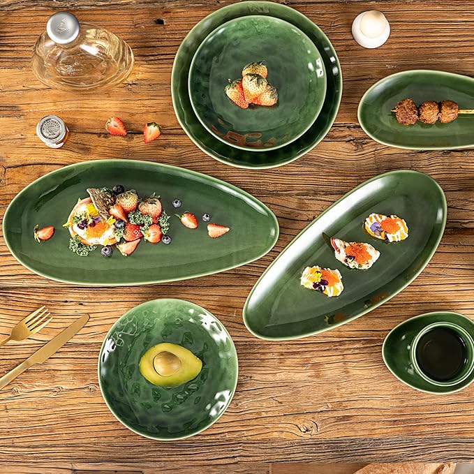 vicrays Large Oval Serving Platters, 16"/14"/10" Porcelain Serving Platters for Party, BBQ,Stackable Serving Trays Serving Plates for Appetizers, Sushi, Restaurant, Set of 3 (Green)