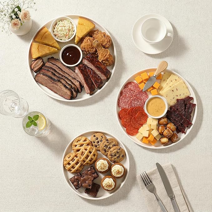 Dizada Round Serving Platters 3-Pack (12.8"/10.8"/8.8") - White Porcelain Serving Trays for Veggie, Fruit, Cheese, Snack, Party Entertaining