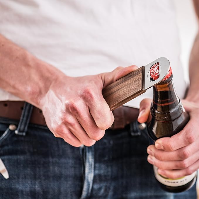 Dropcatch Handheld Bar Blade Bottle Opener | Flat Beer Cap Bottle Opener | Durable Bartender or Home Tool | Heavy Duty Stainless Steel & Walnut Finish | Mini 4.25” x 1.5”