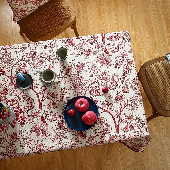 ISAENNE Designer French Linen Table Cloth for Rectangle Table,Red Floral Washable Indoor Tablecloth,Durable Home Decor Tablecloths for Dining Thanksgiving Kitchen Party Christmas,55"*79"-Ruyi A