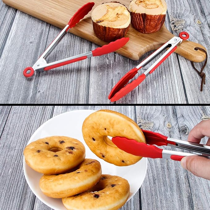 MSY BIGSUNNY Kitchen Food Tongs - 7" Mini Silicone Serving Tongs - Set of 3 (Red)
