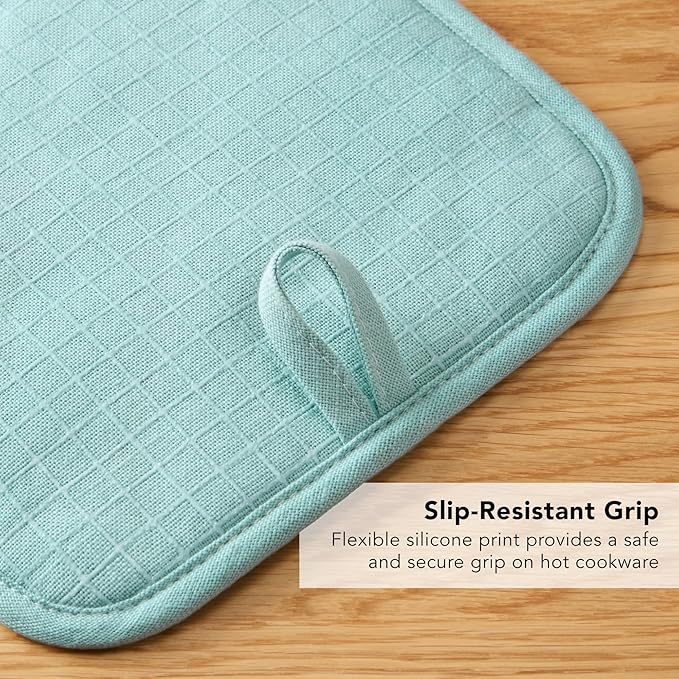 KITCHENAID Gourmet Series Gridlines Pot Holders 2-Pack Set, Heat Resistant up to 600°F, Soft Silicone Grip, Magnetic Cuff, Mineral Water Aqua, 8"x8"