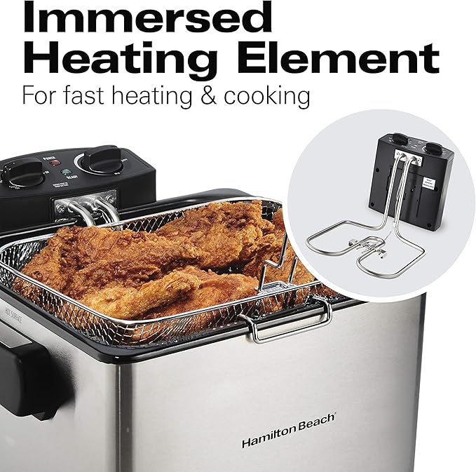 Hamilton Beach Electric Deep Fryer with Basket and Lid, 4.5 Liters / 19 Cups Oil Capacity, Temperature Control, View Window, Professional Style, 1800 Watts, Stainless Steel (35035A)