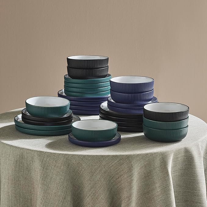Christian Siriano Laro 24-Piece Stoneware Dinnerware Set, Plates and Bowls Set, Microwave and Dishwasher Safe, Dish Set for 8, Green