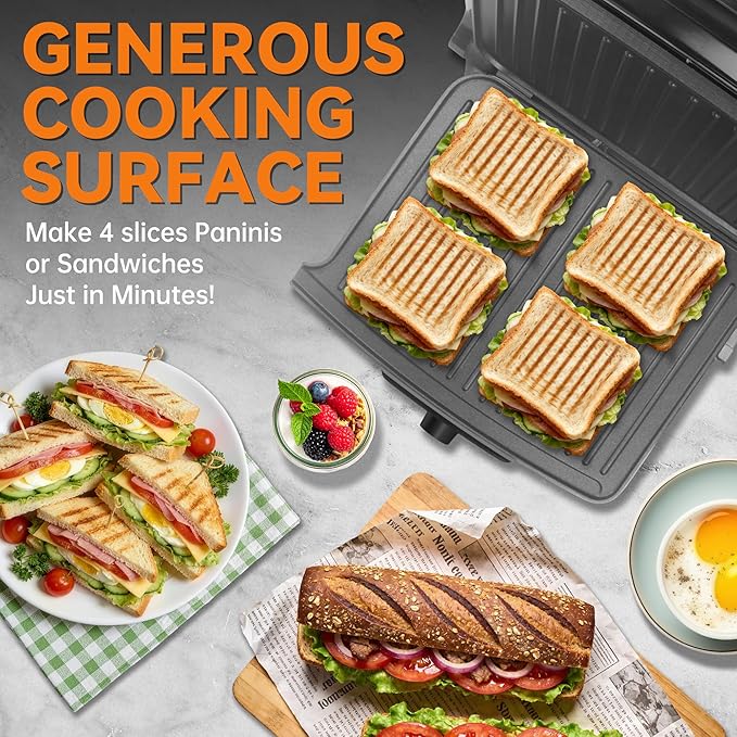 Baker’s Friend Panini Grill Press Sandwich Maker, 4-Slices Panini Press Maker, Grill Cheese Sandwich Maker, Indoor Grill Electric, Non Stick Surfaces, Stainless Steel