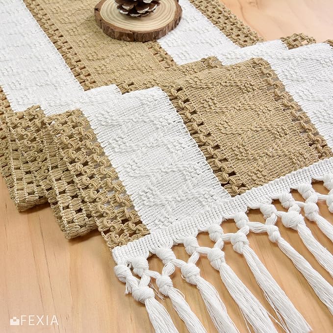FEXIA Boho Table Runner with Tassels for Home Decor Farmhouse Rustic Table Runner Macrame Burlap Woven Dinning Decoration for Living Room Bridal Shower Independence Day Decorations(12x72 Inches)