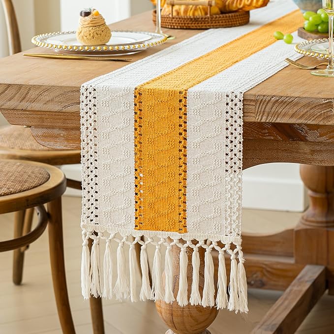 FEXIA Boho Table Runner for Fall Home Decor with Tassels 72 Inches Long Farmhouse Yellow Rustic Table Runner Macrame Burlap Table Decoration for Living Room Bridal Shower(12x72 Inches)