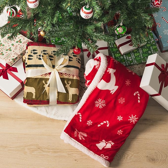 PAVILIA Premium Christmas Sherpa Throw Blanket | Christmas Decoration Gift, Fleece, Plush, Warm, Cozy Reversible Microfiber Holiday Blanket | Red Reindeer - 60x80 Twin