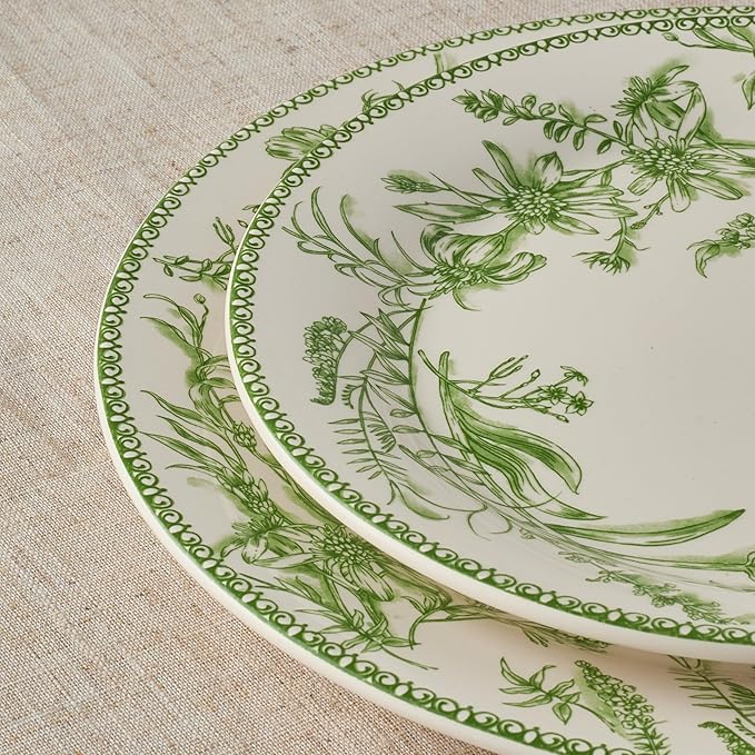 Bico Green Garden Toile De Jouy Dinner Plates Set of 4, 11 Inch Large Ceramic Plates for Pasta, Steak, Stylish Serving Dishes, Microwave and Dishwasher Safe, Gift for Housewarming and Thanksgiving