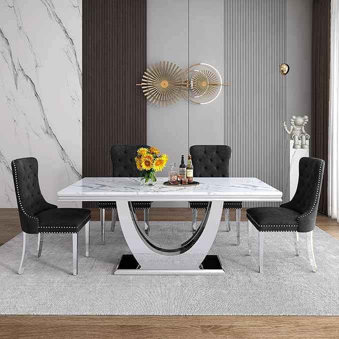 Marble Dining Table Set for 6,70" White Faux Marble Kitchen Tables and Velvet Chairs for 6,7 Piece Luxury Dining Room Table Set and 6 Upholstered Chairs with Silver Stainless Steel Bases