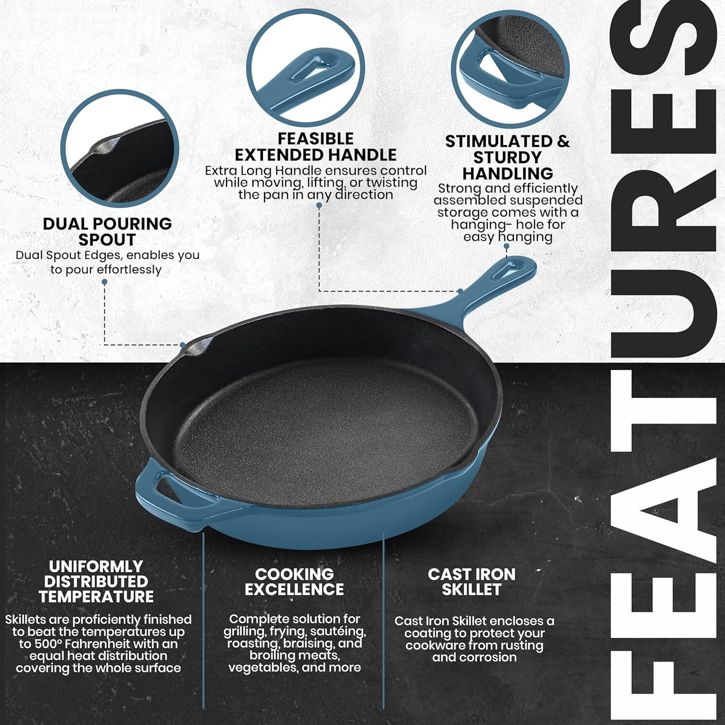 Utopia Kitchen Cast Iron Frying Pan 10.25 Inch, Cast Iron Chefs Pan, Pre Seasoned Skillet, Safe Grill Cookware for Indoor & Outdoor Use, Teal