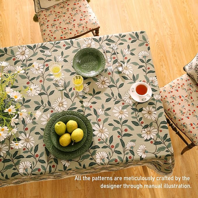 ISAENNE Designer Green Linen Tablecloth Rectangular,Floral French Country Indoor Table Cloth,Stain Resistant Home Decor Tablecloths for Dining Kitchen Thanksgiving Party,55"*87"-Brune