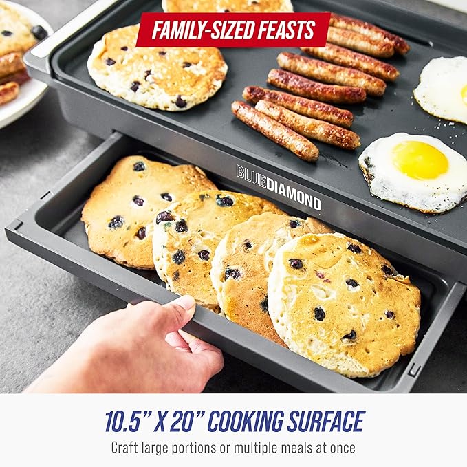 Blue Diamond 20” x 10.5” Extra Large Electric Griddle, Healthy Ceramic Nonstick Surface, Non-Toxic PFAS-Free, Temperature Control, Family Friendly, Removable Drip Tray, Easy Clean, Graphite