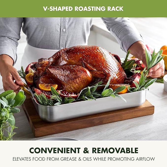 GreenPan Reserve 16" x 13" Tri-Ply Stainless Steel Roasting Pan with Roaster Rack, Multiclad Cookware, Induction Suitable, Gold Stainless Steel Handles, Dishwasher & Oven Safe, Silver