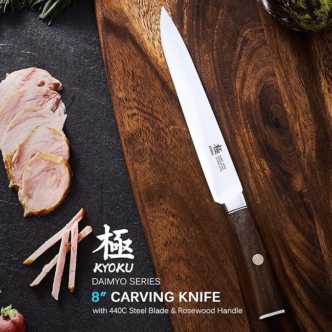 KYOKU 8 Inch Carving Knife - Daimyo Series - Meat and Fruit Slicing Knife with Ergonomic Rosewood Handle, & Mosaic Pin - Japanese Style 440C Stainless Steel Kitchen Knife with Sheath & Case